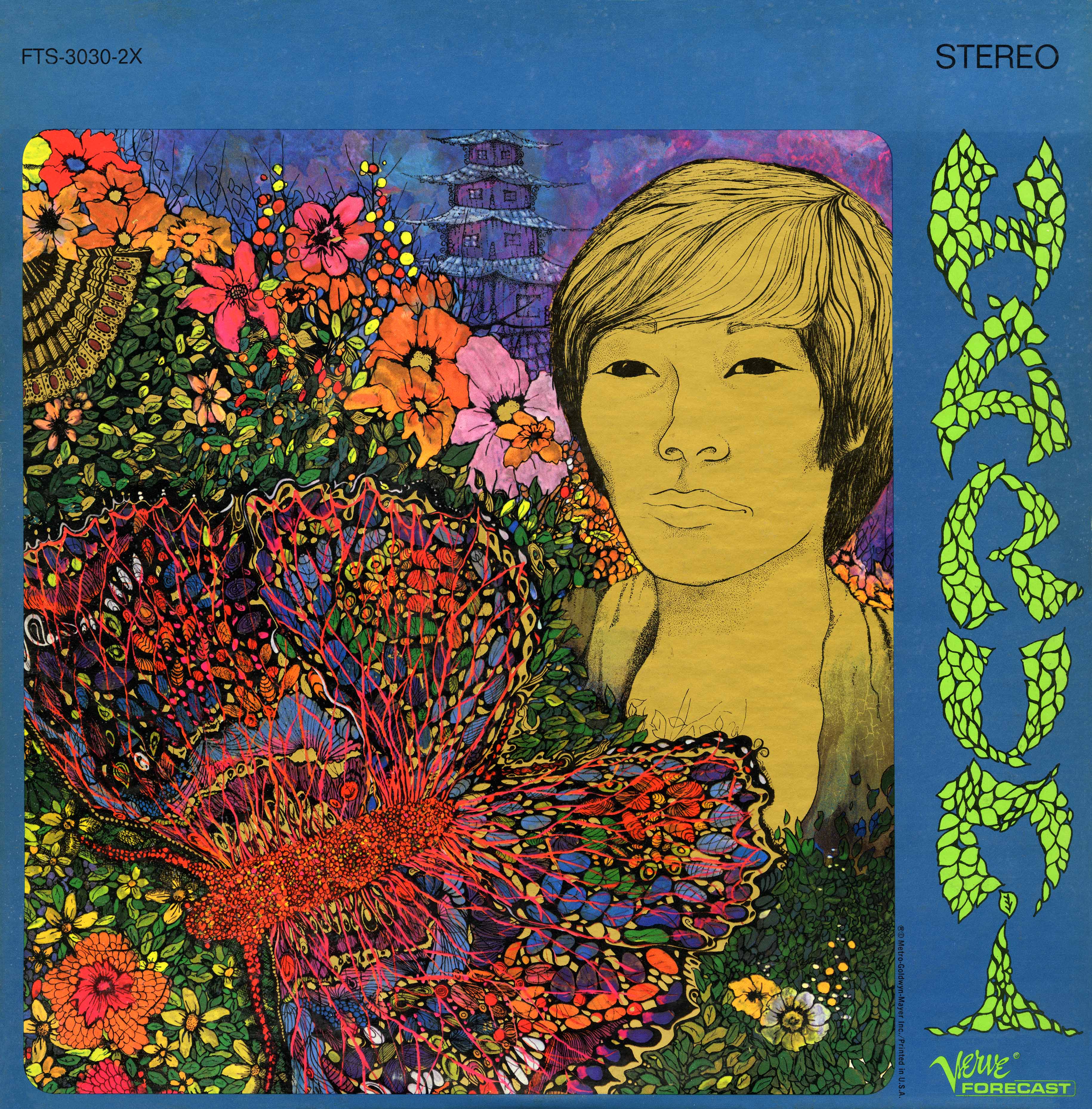 Psychedelic drawing of flowers and peacock feathers surrounding drawn portrait of Harumi Ando.